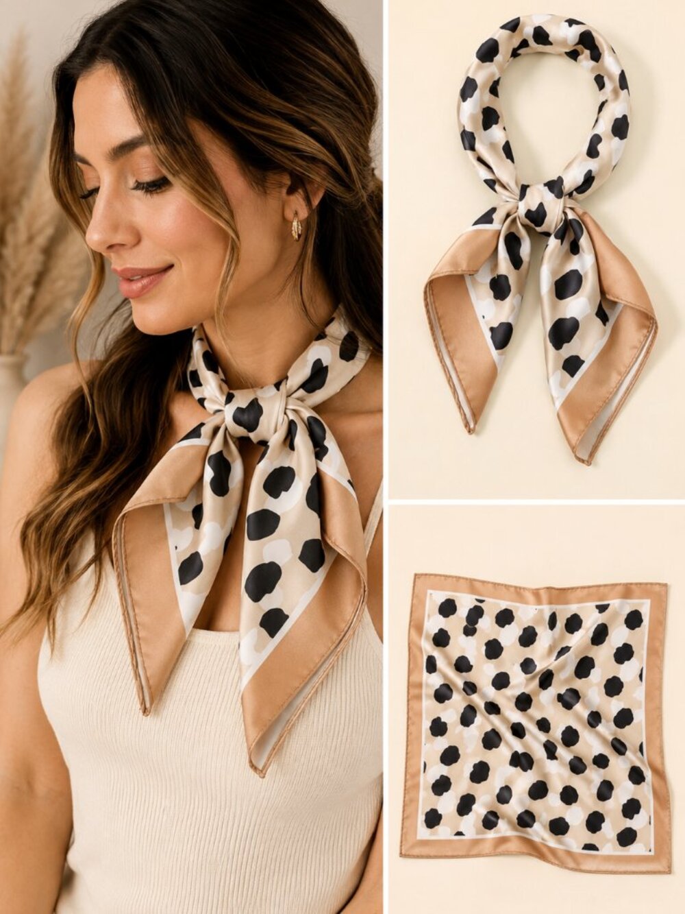Polka Dot Satin Bandana Scarf Beige Black Silk Feel Neck Hair Scarf Square Wrap